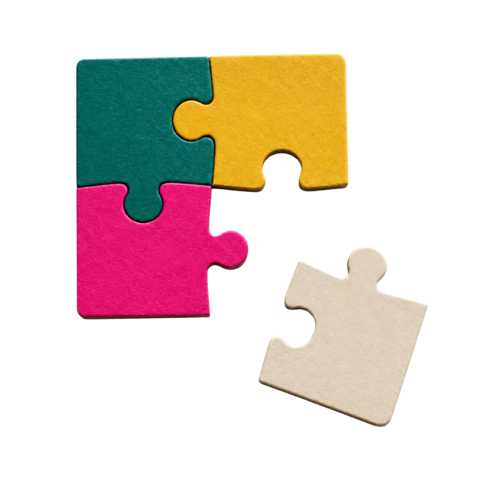 Three connected puzzle pieces in teal, gold, and pink, with a fourth piece set apart